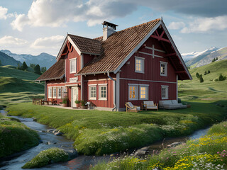 Obraz premium Gran casa rural roja en Suiza, Picturesque house on the background of the Carpathians. Landscape photography. Ai generative