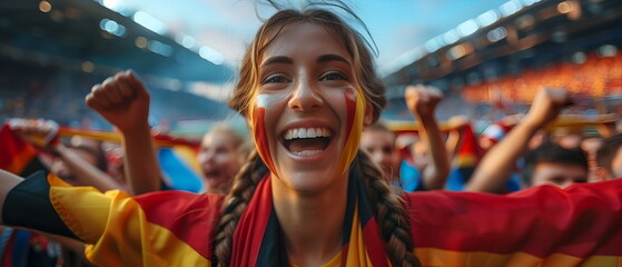 Obraz premium Germany EURO football supporter on stadium. Germany fans cheer on soccer pitch watching winning team play. Group of supporters with flag and national jersey cheering for Germany. Championship victory