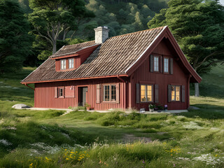 Obraz premium Gran casa rural roja en Suiza, Picturesque house on the background of the Carpathians. Landscape photography. Ai generative
