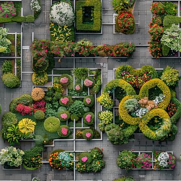 Overhead view of a garden layout featuring paths and flower beds arranged in standard parallelogram shapes, creating a visually striking geometric pattern--style raw