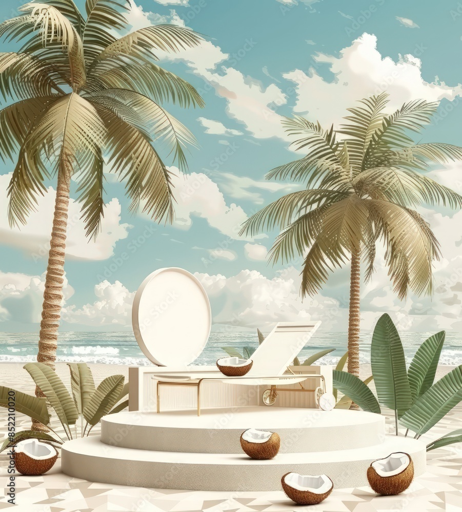 Poster a white round structure with palm trees in the background