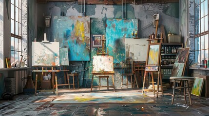 enchanting bohemian art studio interior with vintage easels and splattered paint 3d illustration