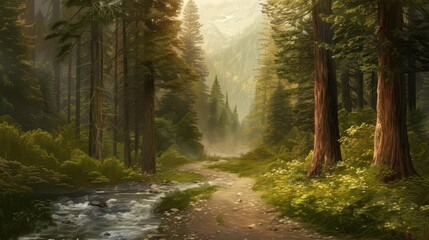 Fototapeta premium enchanting journey along a scenic forest road winding through ancient towering trees and cascading streams inviting exploration and wonder digital painting