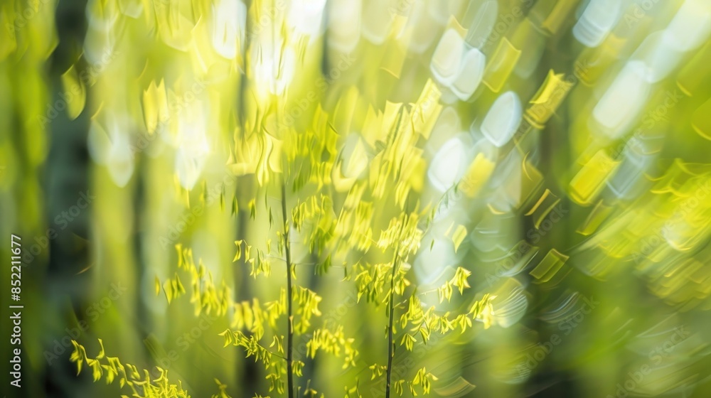 Aufkleber blurry background of green spring trees with sunlight filtering through