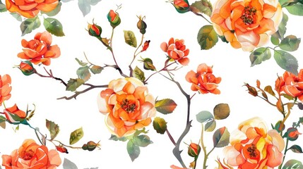 Orange small rose flowers seamless pattern with raster multicolored branches on white background