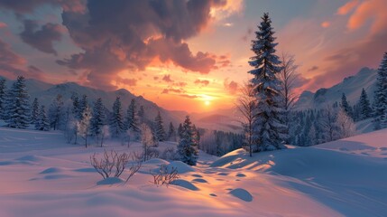 Tranquil beauty of a snow covered slope trees and a sunset in a natural setting
