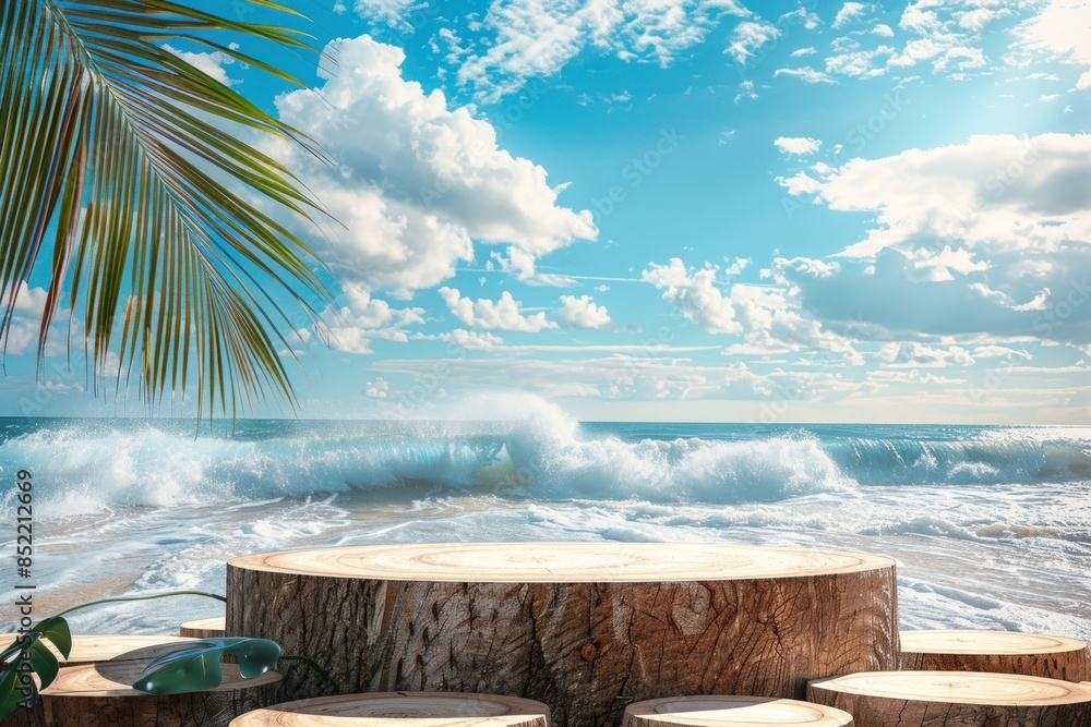 Poster a beach scene with a palm tree and a leaf floating in the air