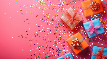 Obraz premium festive composition with colorful gift boxes and shiny confetti top view flat lay for social media