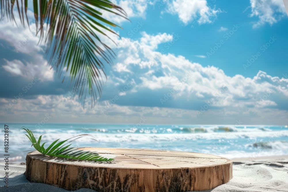 Poster a beach scene with a palm tree and a leaf floating in the air