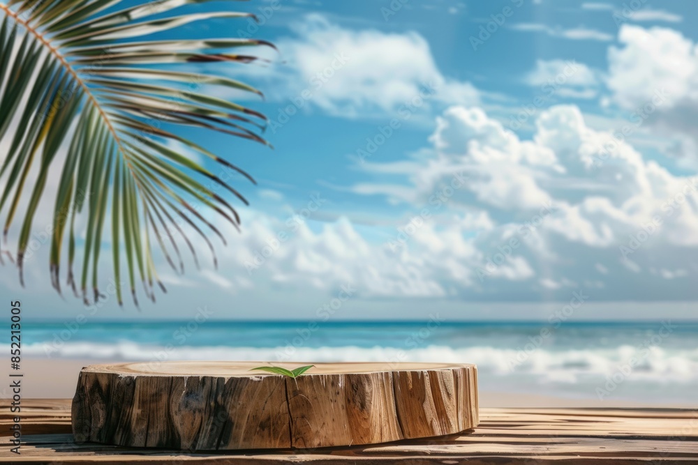 Poster a beach scene with a palm tree and a leaf floating in the air