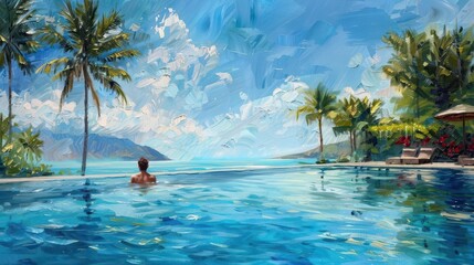 floating man on swimming pool in luxury resort tropical getaway oil painting