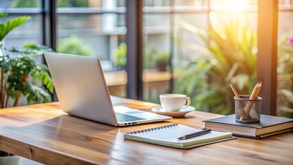 Modern wooden desk with laptop, notebook, and coffee cup, surrounded by papers and office supplies, with blurred background and soft natural light.