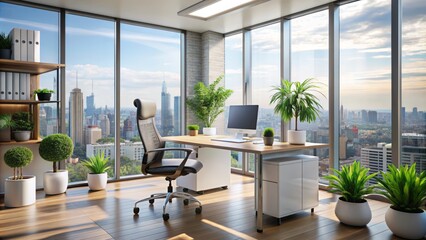 Modern minimalist workspace with sleek desk, ergonomic chair, and potted plants, surrounded by blurred cityscape views through floor-to-ceiling windows.