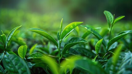 Close up of green tea leaves with a botanical background