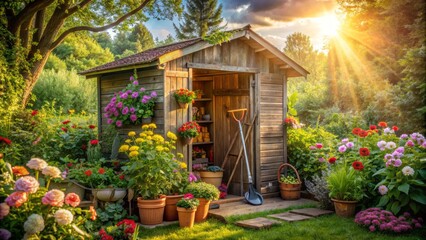 Rustic garden shed surrounded by lush greenery, gardening tools, and vibrant flowers, set against a...