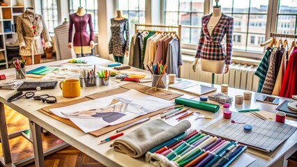 An organized worktable scattered with fashion design tools, fabrics, and sketches, displaying a half-completed pattern for a trendy garment, amidst a bustling college environment.