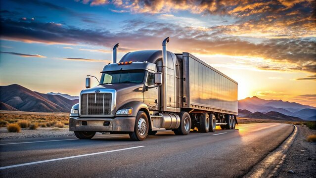 A solitary 18-wheeler sits idle on a deserted highway, its massive wheels and tires standing tall, awaiting a meticulous safety inspection before embarking on its journey.