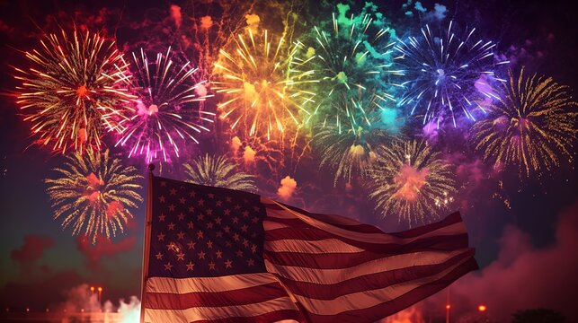 LGBTQA+ , LGBT :  United in Diversity - Vibrant Fireworks Display Celebrating Unity and Diversity against American Flag Background