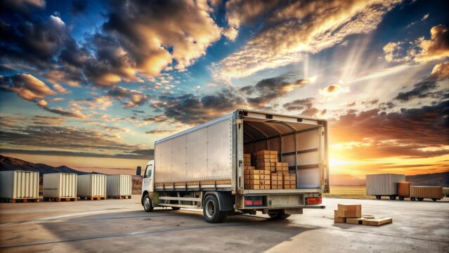 A large, rusty cargo truck parked in a vast, empty parking lot, with opened rear doors, surrounded by crates and packages, under a sunny, cloudy sky.