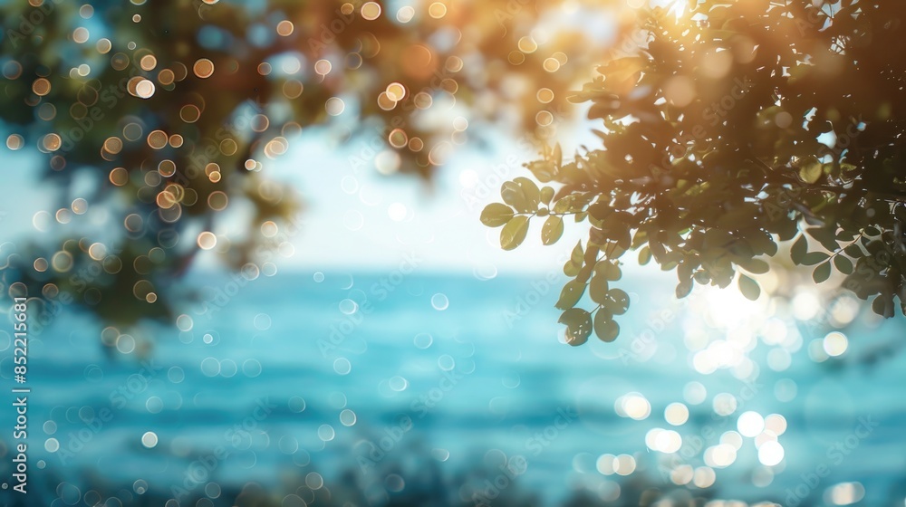 Poster blurry abstract background with bokeh effect of light filtering through trees and blurred ocean unde