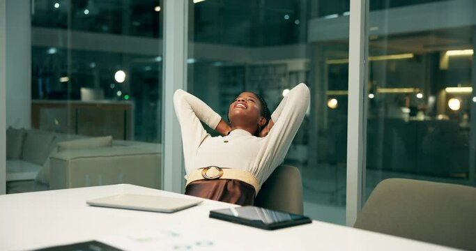 Laptop, project management and relax with business black woman in office at night for research. Administration, computer and timelapse with professional employee in creative workplace to finish task