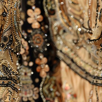 Close-up of the intricate beadwork and delicate fabrics of a stylish flapper dress displayed in a fashion museum, highlighting the craftsmanship and cultural significance of the era