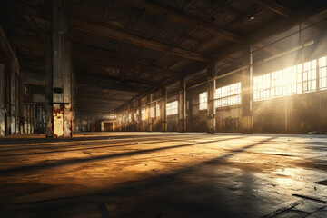 Naklejka premium Abandoned warehouse interior, raw textures, dim lighting, expansive view