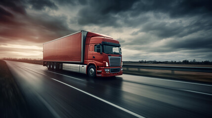 Close-up of a cargo truck speeding on a highway, dynamic motion blur, side view