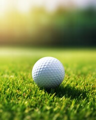 Obraz premium Close-up of a golf ball on tee, pristine condition, green grass background, wallpaper