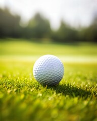 Obraz premium Close-up of a golf ball on tee, pristine condition, green grass background, wallpaper