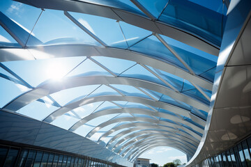 Obraz premium Close-up of a new building's roof adorned with solar panels, modern architecture, sunny day
