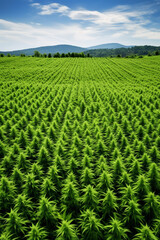 Field of marijuana plants, expansive cannabis farm, vibrant green, aerial view background