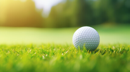 Obraz premium Golf ball on tee close-up, vibrant green fairway behind, high detail, wallpaper-worthy