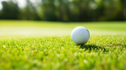 Golf ball on tee close-up, vibrant green fairway behind, high detail, wallpaper-worthy