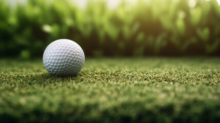 Obraz premium Golf ball resting on tee, detailed texture, close focus, lush course backdrop, wallpaper