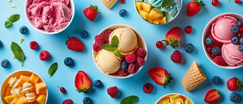 Refreshing flat lay design for summer desserts, featuring ice cream, sorbets, and fruity toppings