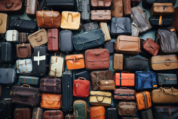 Overhead view of luggage suitcases scattered across an airport floor, busy travel day