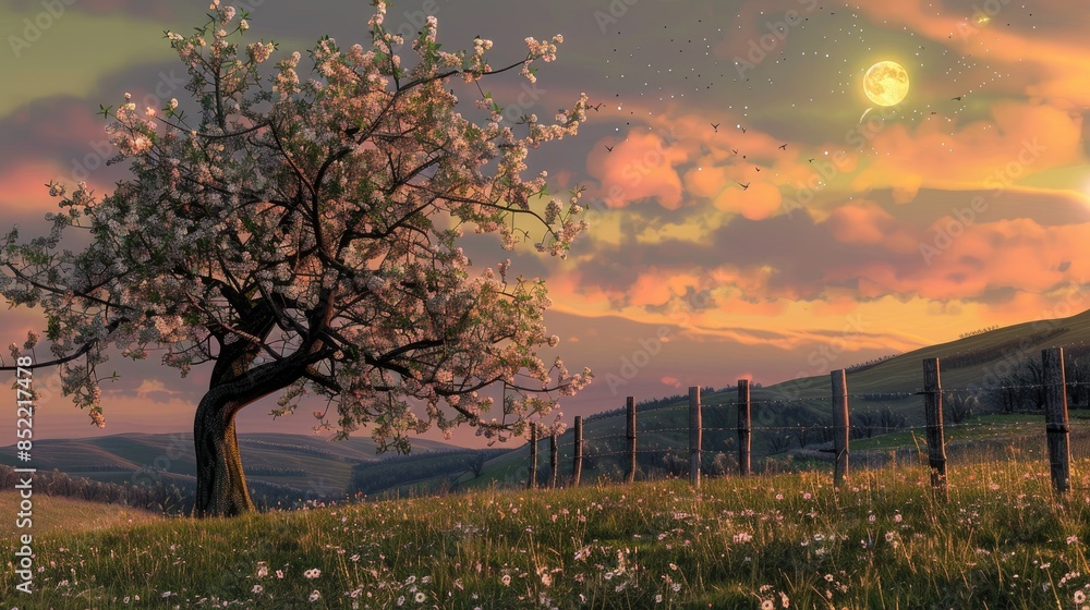 Wall mural Experience the enchanting rural scenery of a hillside meadow with an apple tree surrounded by a fence under the twilight sky adorned with both the sun and the moon on a summer solstice Witn