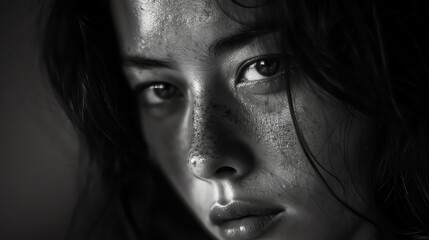 Fototapeta premium A striking black-and-white close-up portrait of a young woman with intense, thoughtful eyes. Her face, partially obscured by loose hair, is adorned with freckles, enhancing her natural allure.