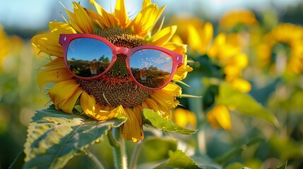 captures the whimsical essence of summer with a sunflower sporting bright red sunglasses in a sunny field