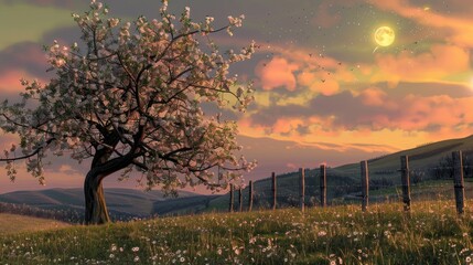 Experience the enchanting rural scenery of a hillside meadow with an apple tree surrounded by a fence under the twilight sky adorned with both the sun and the moon on a summer solstice Witn