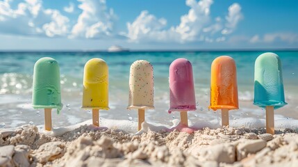 Celebrate the sweetness of summer with this vibrant image of colorful popsicles lined up in the sand