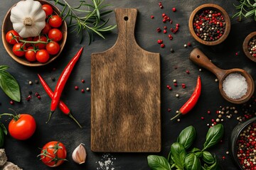 Wooden cutting board with spices and vegetables, chili paper and salt on black background, top view
