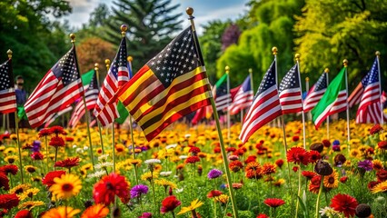 Vibrant african american flags and black liberation banners wave amidst a kaleidoscope of bright flowers, celebrating freedom and unity on juneteenth day.