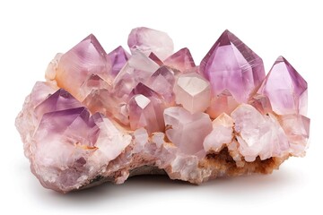 Pink amethyst quartz geode close up. Stone crystals isolated on white background
