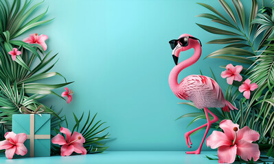 Obraz premium cute pink flamingo with sunglasses and gift box on blue background, tropical leaves, flowers, palm tree