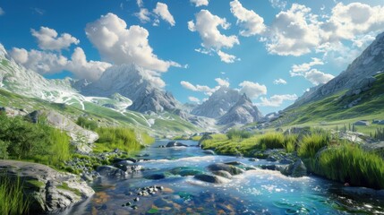 Obraz premium 3D rendered mountain landscape with a crystalclear stream flowing through, under a vibrant blue sky with fluffy white clouds