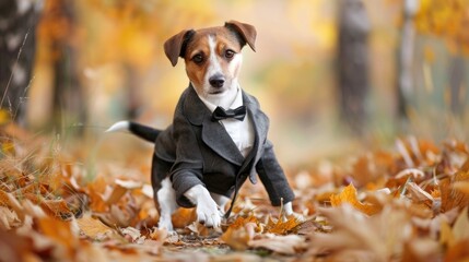 Cute Jack Russell Dog in Suit Walking in Autumn Park