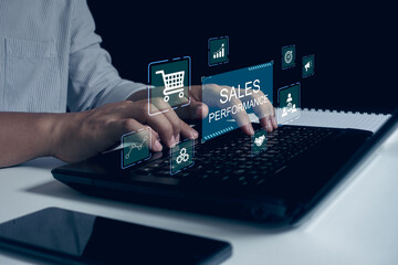 Business sales performance management concept. Business people use laptop to analyze data and sale performance. Strategic Decision Making for Operations Management, increase sales and business growth.