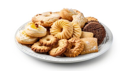 Assortment of Danish butter cookies displayed on a small white plate against a white background with clipping path